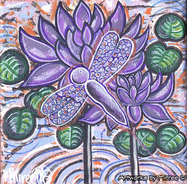 Lily Pad Dreaming with Dragonfly Framed Canvas Print by Mirree Contemporary Aboriginal Art